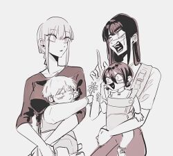 aged_down baby baby_carrier baby_carry black_hair carrying chainsaw_man child child_carry cross_scar denji_(chainsaw_man) facial_scar family gaganbo_(shuuu85372871) holding_baby long_hair makima_(chainsaw_man) mother_and_child mother_and_daughter mother_and_son multiple_girls reze_(chainsaw_man) ringed_eyes scar scar_on_cheek scar_on_face scar_on_nose shirt simple_background white_shirt yoru_(chainsaw_man)