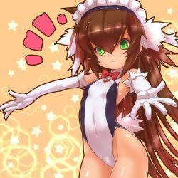 Rule 34 | 1girl, :3, alternate costume, bella (sennen sensou aigis), bow, bowtie, breasts, brown hair, cowboy shot, elbow gloves, gloves, green eyes, highres, leotard, long hair, maid headdress, orange background, outstretched arms, sennen sensou aigis, small breasts, solo, spread arms, star (symbol), starry background, tsukigami chronica, very long hair