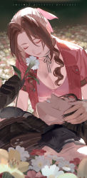 Rule 34 | 1boy, 1girl, aerith gainsborough, armor, black gloves, black hair, blurry, blurry background, breasts, brown hair, cleavage, closed eyes, collarbone, crisis core final fantasy vii, emmmerald, final fantasy, final fantasy vii, flower, flower bed, gloves, highres, holding, holding flower, medium breasts, medium hair, pauldrons, pink flower, pink ribbon, red flower, ribbon, scar, scratches, shoulder armor, smile, white flower, yellow flower, zack fair