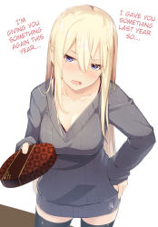 Rule 34 | 1girl, alternate costume, bismarck (kancolle), black bra, black thighhighs, blonde hair, blue eyes, blush, bra, breasts, cleavage, eyes visible through hair, food, gift, grey sweater, hair between eyes, hair over shoulder, hand on own hip, happy valentine, hard-translated, head tilt, holding, holding food, incoming gift, kantai collection, large breasts, long hair, looking at viewer, meth (emethmeth), open mouth, sidelocks, signature, solo, sweater, thighhighs, thighs, third-party edit, translated, tsurime, underwear, valentine, zettai ryouiki