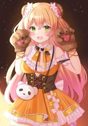Rule 34 | 1girl, animal ears, animal hands, arms up, bad id, bad pixiv id, bag, bear ears, bear paws, blonde hair, blush, breasts, claw pose, cleavage, cleavage cutout, clothing cutout, commentary request, cowboy shot, detached sleeves, fang, flower, gloves, gradient background, gradient hair, green eyes, hair flower, hair ornament, handbag, highres, hololive, layered shirt, layered skirt, long hair, looking at viewer, medium breasts, momosuzu nene, multicolored hair, multicolored neckwear, nibosi, open mouth, orange skirt, partial commentary, paw gloves, pink hair, puffy short sleeves, puffy sleeves, ribbon, short sleeves, skirt, solo, standing, star (sky), underbust, very long hair, virtual youtuber, wrist ribbon