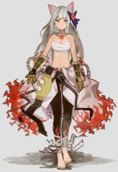 Rule 34 | 1girl, animal ears, arai 12, barefoot, belt, black belt, black bow, black gloves, black pants, bow, breasts, championship belt, cleavage, closed mouth, clothes around waist, commentary request, flame print, flower, full body, gauntlets, gloves, hair bow, jewelry, long hair, looking at viewer, medium breasts, necklace, pants, ragnarok online, red flower, sarashi, shirt, shirt around waist, smile, solo, sura (ragnarok online), white hair, white shirt