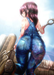 Rule 34 | 1girl, ass, back, bad id, bad pixiv id, bare shoulders, black hair, brown eyes, brown hair, dirty, dirty clothes, dirty face, farm, farmer, from behind, light particles, light rays, long hair, looking at viewer, looking back, naked overalls, original, overalls, pitchfork, saodake, sky, solo, sweat, worktool
