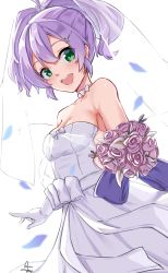 Rule 34 | 1girl, as4gi, azur lane, bouquet, breasts, bridal gauntlets, bridal veil, bride, cowboy shot, crown, dress, elbow gloves, flower, gloves, green eyes, highres, holding, holding bouquet, javelin (azur lane), javelin (blissful purity) (azur lane), looking at viewer, medium breasts, medium hair, open mouth, pink flower, pink rose, purple hair, purple ribbon, ribbon, rose, smile, solo, strapless, strapless dress, veil, wedding, wedding dress, white dress, white gloves, wide ponytail