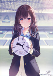 Rule 34 | 1girl, ball, black jacket, blazer, blue bow, blurry, blurry background, blush, bow, brown cardigan, brown eyes, brown hair, cardigan, closed mouth, collared shirt, commentary request, dated, day, depth of field, hair between eyes, highres, holding, holding ball, jacket, long hair, long sleeves, open clothes, open jacket, original, outdoors, puma (brand), sanbasou, school uniform, shirt, signature, sleeves past wrists, smile, soccer ball, solo, stadium, standing, translation request, upper body, white shirt