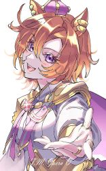 Rule 34 | 1girl, animal ears, bag, blush, capelet, character name, crown, ear piercing, glint, highres, horse ears, jeonjagolhaem, looking at viewer, mini crown, open mouth, orange hair, outstretched arm, piercing, purple eyes, reaching, reaching towards viewer, shirt, short hair, shoulder bag, simple background, smile, solo, t.m. opera o (umamusume), umamusume, upper body, white background, white shirt