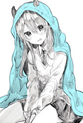 Rule 34 | 1girl, between legs, blanket, blue cloak, blush, cardigan, cloak, collared shirt, hair between eyes, hand between legs, head tilt, highres, horns, horns through headwear, idolmaster, idolmaster shiny colors, ikeuchi tanuma, light frown, long hair, long sleeves, looking at viewer, necktie, open mouth, osaki tenka, parted lips, partially colored, plaid, plaid skirt, pleated skirt, school uniform, shirt, simple background, sitting, sketch, skirt, sleeves past wrists, smile, solo, squatting, striped necktie, striped neckwear, veil, white background, wing collar