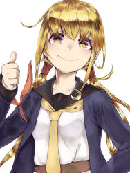 Rule 34 | 1girl, black sailor collar, blonde hair, blush, crescent, crescent pin, jacket, kantai collection, kurou (bcrow), long hair, long sleeves, low twintails, necktie, sailor collar, satsuki (kancolle), satsuki kai ni (kancolle), simple background, smile, solo, thumbs up, twintails, white background, yellow eyes, yellow necktie