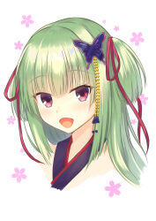 Rule 34 | 1girl, :d, absurdres, black hair, blunt bangs, blunt ends, blush, butterfly hair ornament, cherry blossom print, close-up, commentary, criss-cross halter, eyelashes, floral print, green hair, hair ornament, hair ribbon, halterneck, happy, highres, hime cut, long hair, looking at viewer, murasame (senren), open mouth, red eyes, red ribbon, rgrey00, ribbon, senren banka, sidelocks, simple background, smile, straight hair, two side up, white background