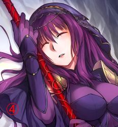 Rule 34 | 1girl, aliesta, bodysuit, breasts, closed eyes, fate/grand order, fate (series), gae bolg (fate), holding, holding weapon, large breasts, long hair, polearm, purple bodysuit, purple hair, scathach (fate), scathach (fate), solo, spear, veil, weapon