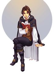 Rule 34 | 1boy, black hair, book, cape, cyrus (octopath traveler), full body, gloves, long hair, male focus, mella, octopath traveler, octopath traveler i, ponytail, simple background, smile, solo, vest, white background