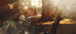 Rule 34 | 1girl, blurry, blurry background, brown eyes, brown hair, collarbone, commentary, dress, gloves, head rest, highres, instrument, long hair, miv4t, original, parted lips, piano, plant, russian commentary, solo, tiara, tree, white dress, white gloves