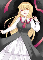 Rule 34 | 1girl, alternate costume, ascot, black dress, blonde hair, blush, breasts, commentary request, darkness, dress, ex-rumia, hammer (sunset beach), large breasts, layered dress, long hair, long sleeves, aged up, open mouth, red eyes, ribbon, rumia, short hair, smile, solo, touhou, very long hair, white dress