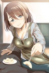 Rule 34 | 1girl, apple, apple slice, apron, arm support, black pants, blurry, blurry background, breasts, brown hair, cleavage, commentary request, depth of field, feeding, food, fork, fruit, green apron, green eyes, grey shirt, half-closed eyes, holding, holding food, incoming food, inu (aerodog), large breasts, leaning back, long sleeves, looking at viewer, mature female, medium hair, mole, mole under eye, original, pants, pov, saucer, shirt, sitting, solo, swept bangs, t-shirt, twitter username