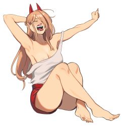 Rule 34 | 1girl, absurdres, areola slip, arm behind head, bare arms, barefoot, breasts, chainsaw man, closed eyes, collarbone, commentary, crossed ankles, demon horns, english commentary, fingernails, full body, hair over one eye, highres, horns, knees up, large areolae, legs, long hair, medium breasts, messy hair, nail polish, one eye covered, open mouth, orange hair, orange nails, outstretched arm, porqueloin, power (chainsaw man), red horns, red shorts, sharp fingernails, sharp teeth, sharp toenails, shirt, shorts, simple background, sitting, sleeveless, sleeveless shirt, solo, strap slip, stretching, tearing up, teeth, toenail polish, toenails, toes, tongue, tongue out, white background, yawning