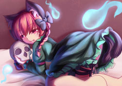 Rule 34 | 1girl, :p, all fours, animal ears, braid, cat ears, cat tail, dior-zi, dress, green dress, hair ribbon, highres, hitodama, juliet sleeves, kaenbyou rin, long sleeves, looking at viewer, looking back, multiple tails, on bed, puffy sleeves, red background, red eyes, red hair, ribbon, short hair, skull, solo, star (symbol), tail, tongue, tongue out, touhou, twin braids