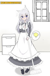 Rule 34 | 1girl, ^^^, absurdres, animal ears, apron, black bow, black bowtie, black dress, black footwear, bladder, blue eyes, blush, bow, bowtie, breasts, broom, buttons, collared shirt, dress, embarrassed, english text, female focus, fox ears, fox girl, frilled apron, frilled shirt, frills, full body, grey hair, hand up, have to pee, highres, holding, holding broom, indoors, juliet sleeves, long hair, long sleeves, looking at viewer, maid, maid apron, maid headdress, medium breasts, nervous, nose blush, open mouth, original, partially colored, pee, peeing, peeing self, puffy sleeves, shirt, shoes, smile, solo, speech bubble, standing, sweat, toya12011, trembling, urine meter, white apron, white legwear, white shirt, window
