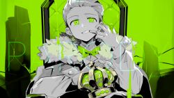 Rule 34 | 1boy, bow, bowtie, cape, cilan (pokemon), creatures (company), crown, unworn crown, fur-trimmed cape, fur trim, game freak, green background, green bow, green bowtie, green eyes, grin, hand up, highres, king (vocaloid), limited palette, long sleeves, looking at viewer, male focus, mouth pull, nintendo, parody, paru rari, pokemon, pokemon (anime), pokemon bw (anime), shirt, short hair, smile, solo, teeth, throne, turtleneck, upper body, watermark, white shirt