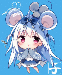 Rule 34 | 1girl, 2020, ahoge, animal, animal ears, animal on head, apron, bare shoulders, blue background, blue bow, blue sky, blush, bow, chestnut mouth, chibi, chinese zodiac, commentary request, floral print, full body, hair bow, happy new year, highres, japanese clothes, kimono, long hair, long sleeves, maid, mouse (animal), mouse ears, mouse girl, mouse tail, new year, on head, original, parted lips, print kimono, red eyes, shiromochi sakura, simple background, sky, sleeves past fingers, sleeves past wrists, solo, standing, tail, very long hair, wa maid, white apron, white hair, white kimono, year of the rat