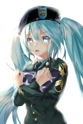 Rule 34 | 1girl, absurdres, black hat, black necktie, blue eyes, blue hair, blue shirt, floating hair, green jacket, hair between eyes, hat, hatsune miku, highres, holding, icefurs, jacket, long hair, military, military uniform, necktie, open mouth, shirt, simple background, solo, star (symbol), tears, twintails, uniform, upper body, very long hair, vocaloid, white background