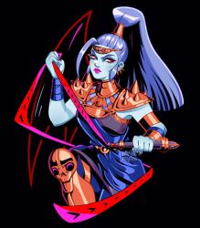 Rule 34 | 1girl, ahoge, armor, artist name, black background, blue hair, blue skin, circlet, colored skin, earrings, greaves, hades (series), hades 1, hair tubes, high ponytail, holding, holding weapon, jewelry, lipstick, long hair, makeup, megaera (hades), meloramylin, nail polish, nose piercing, piercing, purple nails, shoulder spikes, sidelocks, solo, spikes, weapon, whip, yellow eyes