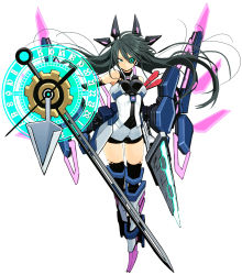 Rule 34 | 1girl, armor, arrow (projectile), beam, black hair, black thighhighs, boots, clock, cosmic break, dagger, detached sleeves, eyepatch, feathers, full body, gloves, green eyes, hair ornament, highres, jetpack, knife, lafiel(cosmic break), lafiel (cosmic break), long hair, monochrome, shield, shorts, simple background, sword, thighhighs, torn clothes, torn legwear, torn sleeves, weapon, white background, zettai ryouiki