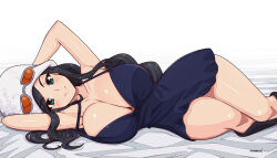 Rule 34 | 1girl, armpits, arms behind head, bare arms, black hair, blush, boots, breasts, cleavage, closed mouth, collarbone, curvy, dress, eyewear on headwear, green eyes, hat, huge breasts, long hair, looking at viewer, lying, narrow waist, nico robin, on side, one piece, short dress, simple background, sleeveless, sleeveless dress, smile, solo, tinted eyewear, virus-g, white background, wide hips