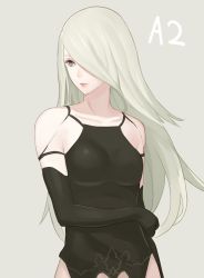Rule 34 | 1girl, black bodysuit, bodysuit, breasts, character name, commentary request, elbow gloves, gloves, grey background, grey eyes, km yama, large breasts, long hair, nier (series), nier:automata, parted lips, silver hair, simple background, solo, standing, upper body, a2 (nier:automata)
