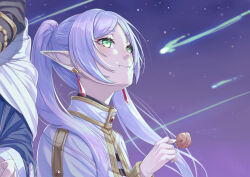 Rule 34 | 1girl, :i, closed mouth, commentary request, eating, elf, food, frieren, green eyes, grey hair, holding, holding food, jacket, long hair, long sleeves, miri (ago550421), night, night sky, outdoors, parted bangs, pointy ears, revision, shirt, shooting star, short eyebrows, sky, solo focus, sousou no frieren, striped clothes, striped shirt, thick eyebrows, twintails, wavy mouth, white jacket