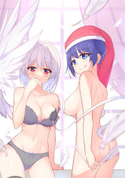 Rule 34 | 2girls, :q, absurdres, angel wings, ass, black legwear, blue hair, blurry, breasts, cleavage, commentary request, convenient censoring, covering own mouth, depth of field, diving penguin, doremy sweet, feathered wings, feathers, hand up, hat, highres, indoors, kishin sagume, long hair, looking at viewer, multiple girls, nightcap, red headwear, short hair, silver hair, single wing, thighhighs, tongue, tongue out, touhou, underwear, underwear only, window, wings