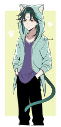 Rule 34 | 1boy, animal hood, ar (rikuesuto), black hair, black pants, closed mouth, facial mark, forehead mark, genshin impact, gradient hair, green hair, green jacket, hands in pockets, hood, hood up, jacket, male focus, multicolored hair, open clothes, open jacket, pants, paw print, purple shirt, shirt, simple background, solo, tail, twitter username, two-tone background, xiao (genshin impact), yellow eyes