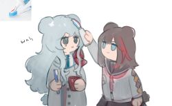 Rule 34 | 2girls, :x, animal ears, arknights, bad id, bad twitter id, bear ears, bear tail, black eyes, blue eyes, blue neckwear, brown hair, chibi, commentary, crying, cup, english commentary, haqlue, highres, holding, holding cup, holding toothbrush, inset, jacket, jitome, long hair, long sleeves, looking at another, multicolored hair, multiple girls, neckerchief, necktie, photo inset, red hair, rosa (arknights), sailor collar, school uniform, silver hair, simple background, streaked hair, tail, toothbrush, toothpaste, upper body, white background, zima (arknights)