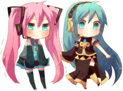 2girls alternate_hairstyle aqua_eyes aqua_hair blush chibi cosplay costume_switch embarrassed hair_between_eyes hatsune_miku long_hair megurine_luka multiple_girls niwako simple_background thighhighs trembling twintails vocaloid white_background