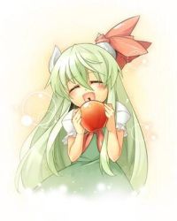 Rule 34 | 1girl, :d, ^ ^, apple, blush, closed eyes, dress, ex-keine, closed eyes, food, fruit, green dress, green hair, horn ornament, horn ribbon, horns, kamishirasawa keine, kokka han, long hair, looking at viewer, lowres, open mouth, puffy short sleeves, puffy sleeves, red ribbon, ribbon, short sleeves, smile, solo, sparkle, touhou, upper body, aged down