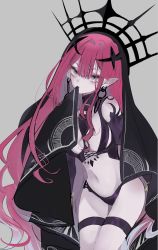 Rule 34 | 1girl, asa (1asa-0-asa1), bare shoulders, black panties, black veil, breasts, commentary request, detached sleeves, earrings, baobhan sith (fate), baobhan sith (second ascension) (fate), fate/grand order, fate (series), grey background, grey eyes, hair between eyes, hair ornament, highres, jewelry, long hair, looking at viewer, medium breasts, navel, pale skin, panties, pink hair, pointy ears, revealing clothes, sidelocks, simple background, sleeveless, slit pupils, solo, thigh strap, tiara, underwear, veil, very long hair