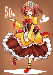 Rule 34 | 1girl, :d, bow, brown hair, dress, frilled dress, frills, hair ornament, hairband, highres, holding, looking at viewer, mary janes, open mouth, original, red eyes, shoes, short hair, smile, socks, solo, striped clothes, striped legwear, striped socks, teko, tray, yukico-tan, yukijirushi