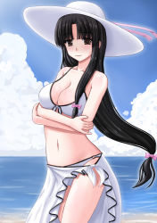 Rule 34 | 10s, 1girl, bad id, bad pixiv id, bare legs, bare shoulders, beach, bikini, black hair, blush, breast hold, breasts, brown eyes, cleavage, cloud, collarbone, female focus, front-tie bikini top, front-tie top, gradient background, hair ribbon, hat, kantai collection, large breasts, legs, long hair, looking at viewer, low-tied long hair, navel, neck, ocean, oyabun (higashi), ribbon, sarong, shouhou (kancolle), sky, smile, solo, standing, swimsuit, very long hair, water, white bikini