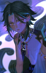 Rule 34 | 1boy, 4the2ofus, absurdres, arm tattoo, bead necklace, beads, black hair, blue hair, detached sleeves, facial mark, forehead mark, genshin impact, hair over one eye, highres, jewelry, looking at viewer, male focus, multicolored hair, necklace, parted lips, signature, simple background, single detached sleeve, solo, tassel, tattoo, upper body, xiao (genshin impact), yellow eyes