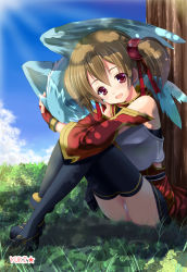Rule 34 | 10s, 1girl, :d, against tree, armor, azuma yuki, bad id, bad pixiv id, black thighhighs, blue sky, blush, breastplate, brown hair, cloud, day, detached sleeves, dragon, light rays, light smile, looking at viewer, monster, multiple tails, open mouth, outdoors, panties, pantyshot, pina (sao), red eyes, silica, sky, smile, sun, sword art online, tail, tareme, thighhighs, thighs, tree, twintails, two tails, underwear, white panties