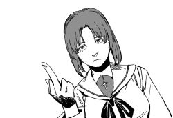 Rule 34 | 1girl, character request, closed mouth, dutch angle, girls und panzer, greyscale, hand up, looking at viewer, middle finger, monochrome, neck ribbon, ribbon, ruukii drift, school uniform, serafuku, simple background, solo, upper body, white background