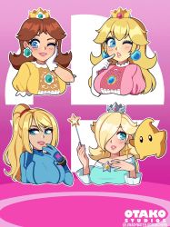 Rule 34 | 4girls, animated, animated gif, blonde hair, blue dress, blue eyes, blush, bodysuit, breasts, brown hair, crown, dress, drooling, earrings, elbow gloves, gloves, hair over one eye, heart, heart-shaped pupils, jewelry, large breasts, lips, long hair, luma (mario), mario (series), metroid, multiple girls, nintendo, nipples, one eye closed, open mouth, otaku studio, parted lips, pink background, pink dress, ponytail, princess daisy, princess peach, rosalina, samus aran, smile, super mario galaxy, super mario land, super smash bros., symbol-shaped pupils, teeth, upper body, upper teeth only, wand, white gloves, wink, yellow dress