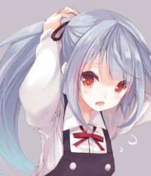 Rule 34 | 10s, 1girl, adjusting hair, arms up, bad id, bad nicoseiga id, black ribbon, blouse, bunching hair, commentary request, grey background, hair ribbon, hair tie, kantai collection, kasumi (kancolle), kasumi kai ni (kancolle), long hair, long sleeves, looking at viewer, neckerchief, p19, red eyes, ribbon, school uniform, serafuku, shirt, simple background, solo, upper body, vest, white shirt