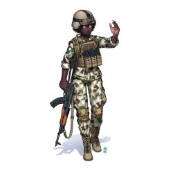 Rule 34 | 1girl, absurdres, akm, akms, ammunition pouch, arm up, assault rifle, body armor, boots, brown eyes, brown hair, camouflage, camouflage jacket, camouflage pants, chin strap, collarbone, combat boots, combat helmet, commentary, cross-laced footwear, dark-skinned female, dark skin, full body, gun, gun sling, helmet, highres, holding, holding gun, holding weapon, jacket, kalashnikov rifle, knee pads, lace-up boots, load bearing vest, long sleeves, looking to the side, magazine (weapon), military, military uniform, nigeria, nigerian flag, open mouth, original, ostwindprojekt, pants, bulletproof vest, pocket, pouch, rifle, shadow, short hair, simple background, sleeves rolled up, soldier, solo, tactical clothes, teeth, trigger discipline, uniform, weapon, weapon request, white background
