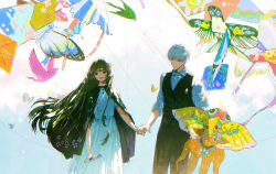 Rule 34 | 1boy, 1girl, :d, black cloak, black pants, black vest, brown hair, bug, butterfly, character request, cloak, collared shirt, cowboy shot, day, dress, floating hair, grey hair, highres, holding hands, insect, kite, kite flying, kite string, light and night love, long hair, looking away, looking down, open mouth, pants, red eyes, shirt, short hair, short sleeves, sideways glance, sleeves rolled up, smile, spool, very long hair, vest, wanyou, white dress, white shirt