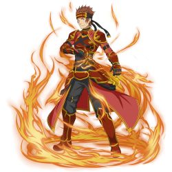 Rule 34 | 1boy, armor, black gloves, black pants, brown eyes, brown hair, fire, full body, gloves, headband, holding, holding sword, holding weapon, klein (sao-alo), looking at viewer, male focus, pants, pauldrons, pyrokinesis, red armor, shoulder armor, smile, solo, spiked hair, standing, sword, sword art online, transparent background, weapon