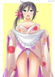 Rule 34 | 10s, 1girl, akebono (kancolle), bad id, bad pixiv id, bare shoulders, bell, blush, breasts, clothes lift, dress, dress lift, flower, hair bell, hair flower, hair ornament, japanese clothes, kankitsunabe (citrus), kantai collection, kimono, long hair, medium breasts, open mouth, panties, purple eyes, purple hair, side ponytail, solo, twitter username, underwear, very long hair, white panties