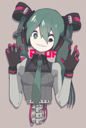 Rule 34 | 1girl, absurdres, adapted costume, android, aqua eyes, aqua hair, aqua necktie, bags under eyes, bisected, black eyes, black gloves, breasts, bright pupils, cable, cable hair, chest harness, claw pose, collared shirt, commentary request, english text, evil grin, evil smile, gloves, grey shirt, grey sleeves, grin, hair ornament, halftone, hands up, harness, hatsune miku, head tilt, headphones, heterochromia, highres, lazy eye, looking at viewer, mechanical spine, necktie, pale skin, panda23577667, pink gloves, severed torso, sharp teeth, shirt, small breasts, smile, solo, straight-on, teeth, twintails, vocaloid