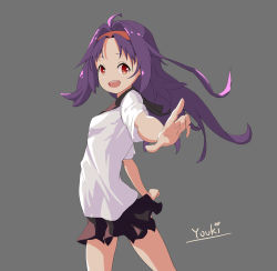 Rule 34 | 1girl, absurdres, ahoge, black skirt, character name, from side, grey background, hair intakes, hairband, highres, konno yuuki (sao), long hair, looking at viewer, outstretched arms, purple hair, red eyes, red hairband, shirt, skirt, smile, solo, sword art online, white shirt, yuuki (sao), yuuki (yuuki08435994)