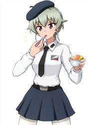 Rule 34 | 1girl, alternate hairstyle, anchovy (girls und panzer), anzio school uniform, belt, beret, black belt, black hat, black necktie, black skirt, commentary, cowboy shot, dress shirt, eating, emblem, food, gelato (food), girls und panzer, green hair, hair up, hat, highres, holding, holding food, holding spoon, long sleeves, looking at viewer, miniskirt, necktie, notice lines, omachi (slabco), pantyhose, pleated skirt, red eyes, school uniform, shirt, short hair, simple background, skirt, solo, spoon, standing, utensil in mouth, white background, white shirt