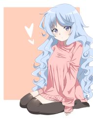 Rule 34 | 1girl, anime coloring, beyblade, beyblade: burst, black thighhighs, blue hair, blush, character name, closed mouth, full body, heart, highres, long hair, long sleeves, looking at viewer, multicolored background, nishiro nya, pink background, pink sweater, purple eyes, self-upload, simple background, sitting, sleeves past wrists, socks, solo, sweater, thighhighs, very long hair, wariza, wavy hair, white background